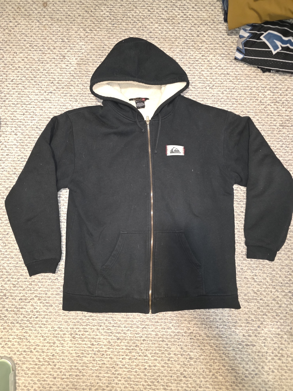 Y2k Quiksilver Men's Black Sherpa-Lined Zip Hoodie